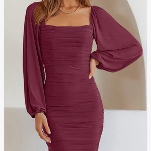 Women's Square Neck Mesh Long Sleeve Ruched Bodycon Mini Dress